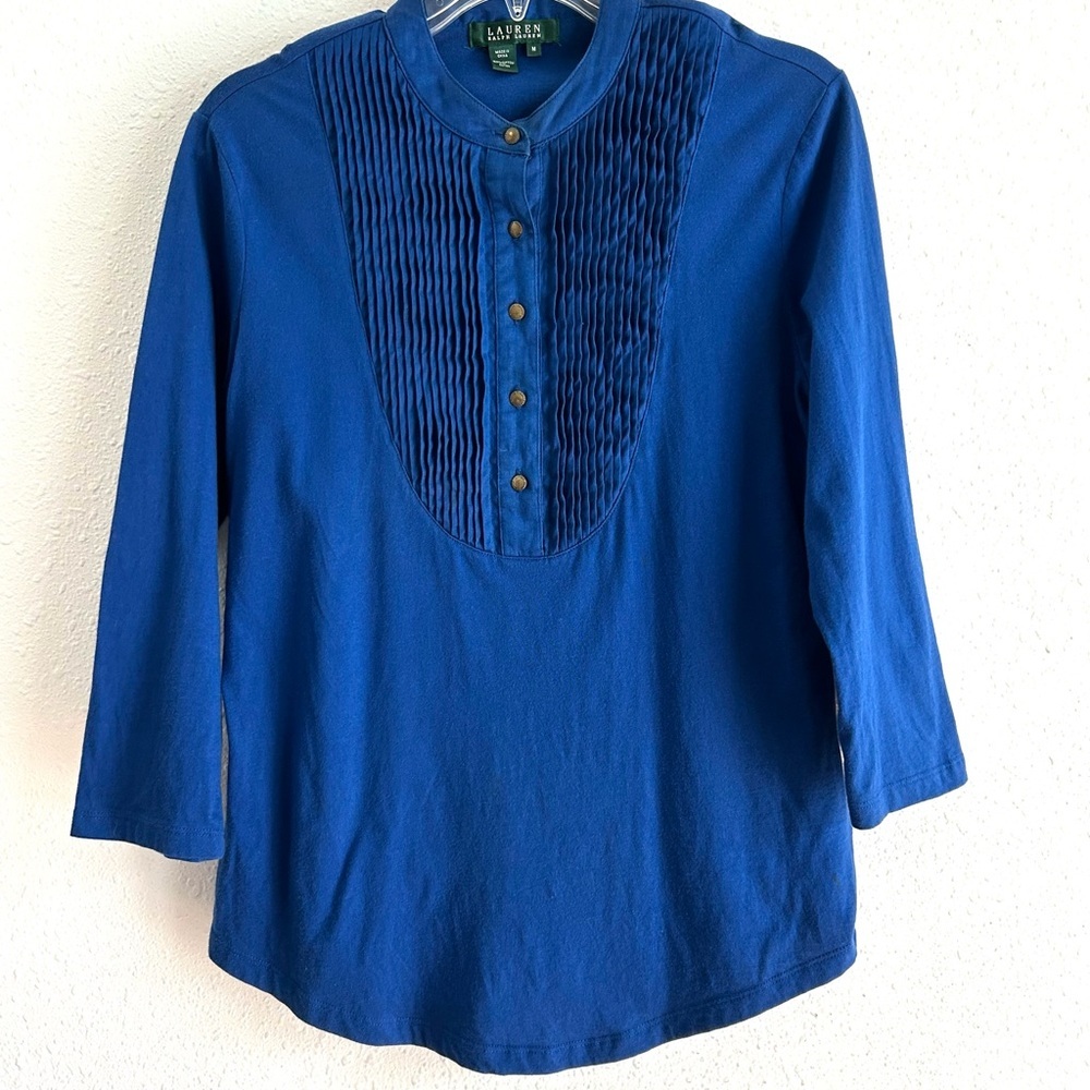 Ralph Lauren Tunic Top Women's Size M Blue Mandarin Collar Pintuck Bib Front